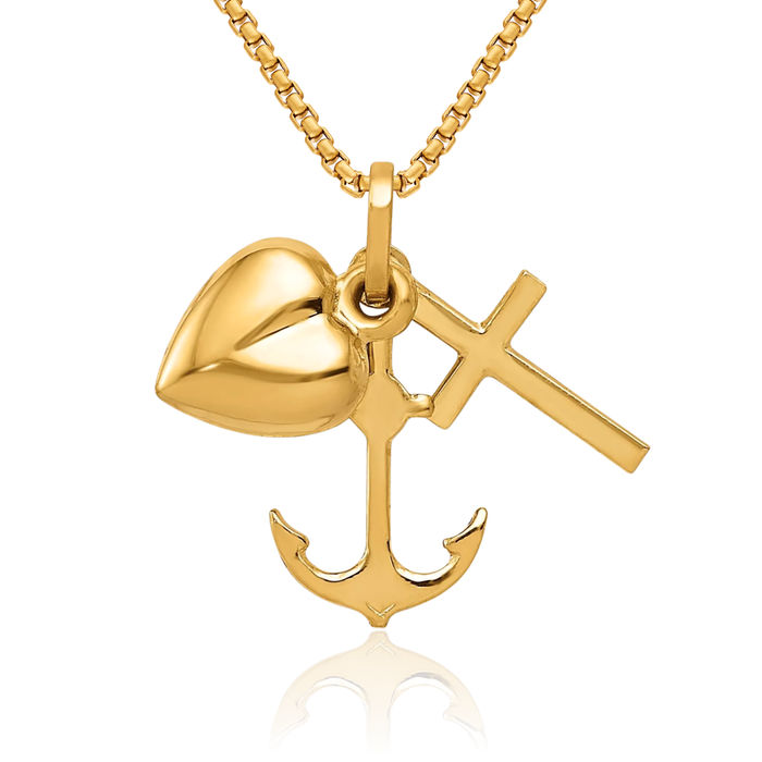 14K Solid Yellow Gold Heart Cross Anchor Mariner Necklace Nautical Religious Chain Pendant Jesus Christ Charm