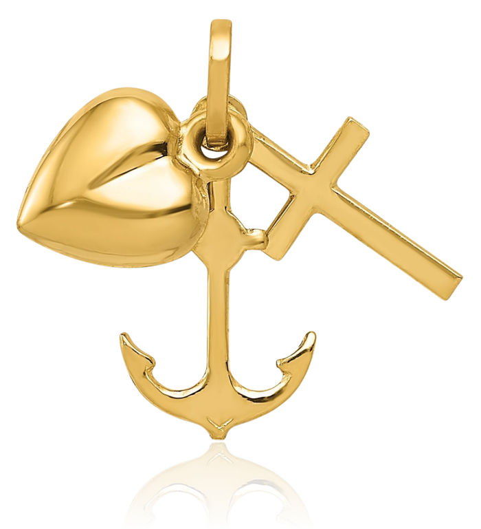 14K Solid Yellow Gold Heart Cross Anchor Mariner Necklace Nautical Religious Chain Pendant Jesus Christ Charm