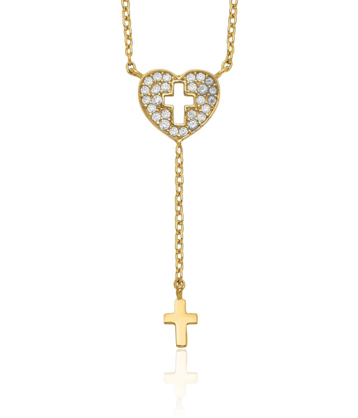 14K Solid Yellow Gold Heart Cross Cubic Zirconia CZ Chain Necklace