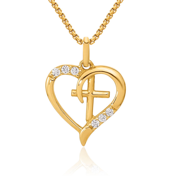 14K Solid Yellow Gold Heart Cross Cubic Zirconia CZ Necklace Religious Chain Pendant Jesus Christ Charm