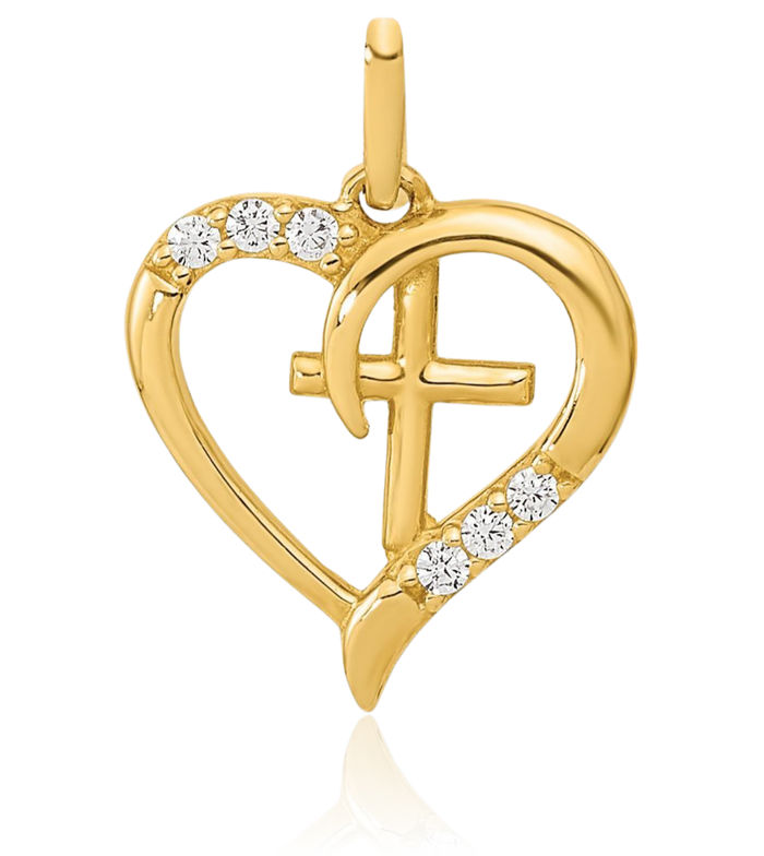 14K Solid Yellow Gold Heart Cross Cubic Zirconia CZ Necklace Religious Chain Pendant Jesus Christ Charm