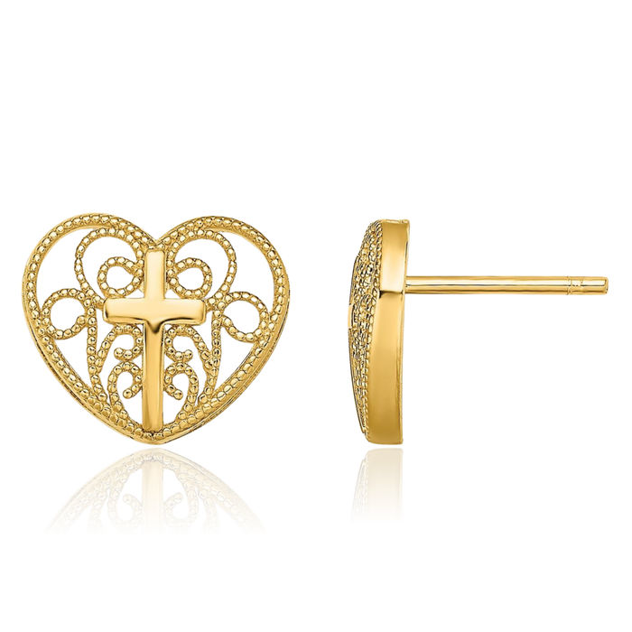 14K Solid Yellow Gold Heart Holy Cross Drop Dangle Christian Religious Stud Earrings