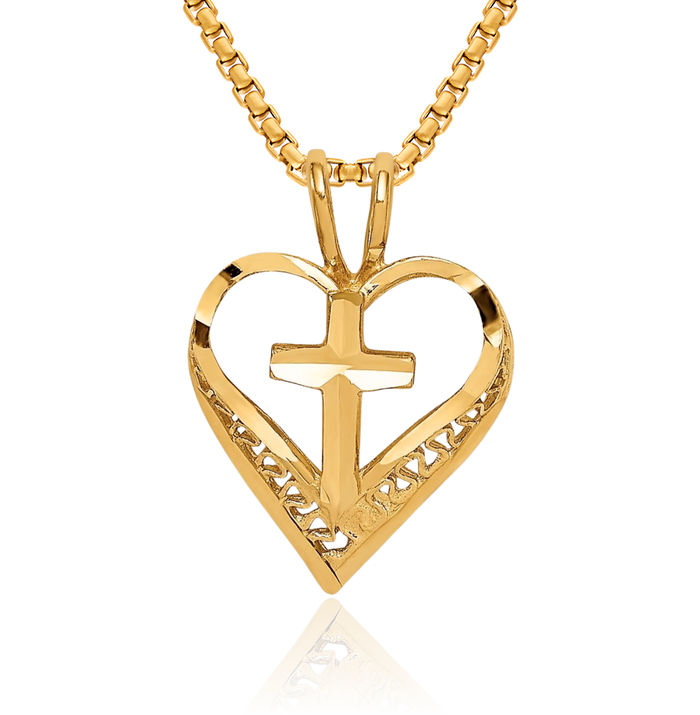 14K Solid Yellow Gold Heart Holy Cross Floating Chain Slide Pendant Necklace Religious Jesus Christ Charm