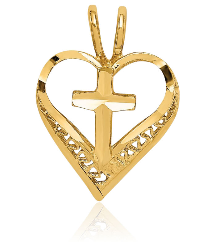 14K Solid Yellow Gold Heart Holy Cross Floating Chain Slide Pendant Necklace Religious Jesus Christ Charm