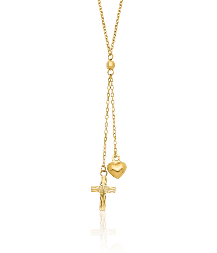 14K Solid Yellow Gold Heart Holy Cross Graduated Chain Necklace