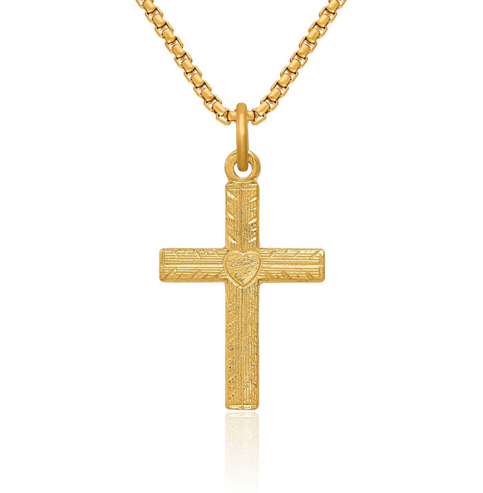 14K Solid Yellow Gold Heart Latin Mexican Holy Cross Necklace Religious Chain Pendant Jesus Christ Charm