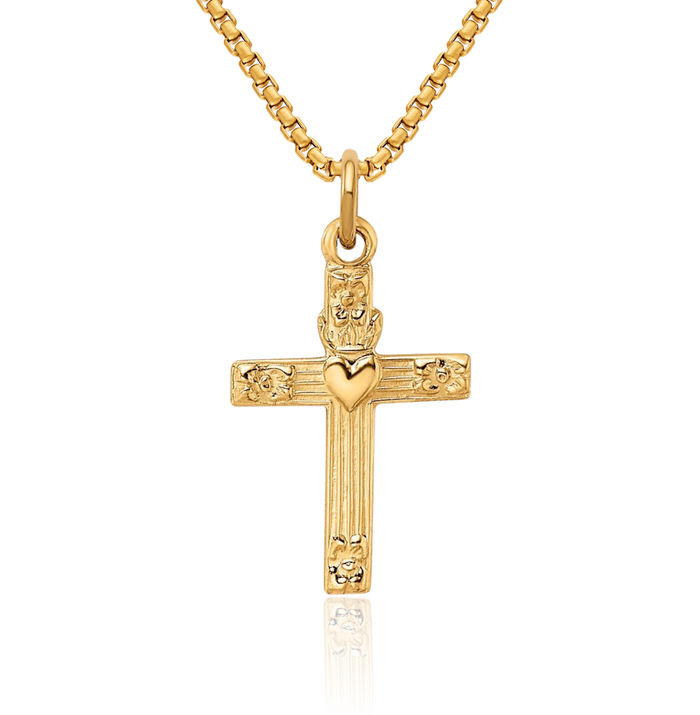 14K Solid Yellow Gold Heart Latin Mexican Holy Cross Necklace Religious Chain Pendant Jesus Christ Charm