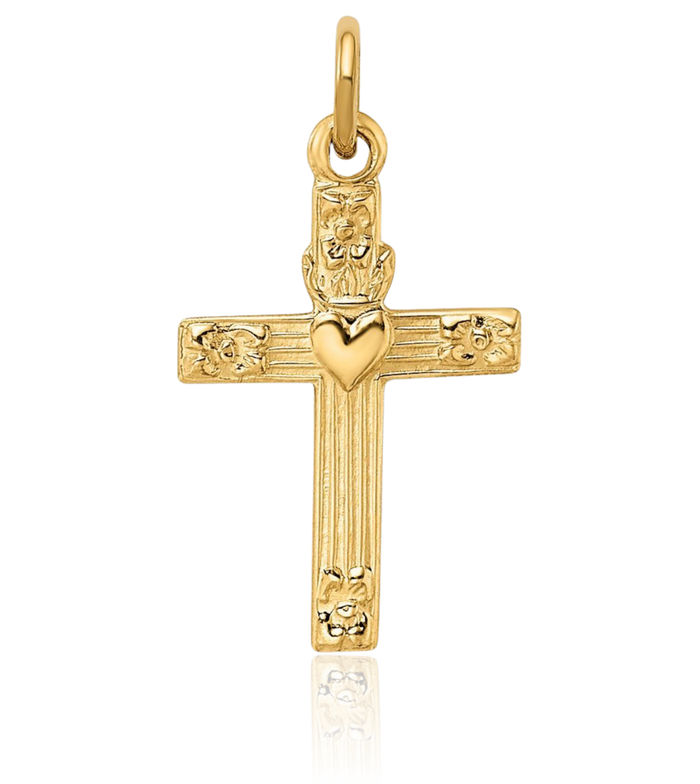 14K Solid Yellow Gold Heart Latin Mexican Holy Cross Necklace Religious Chain Pendant Jesus Christ Charm