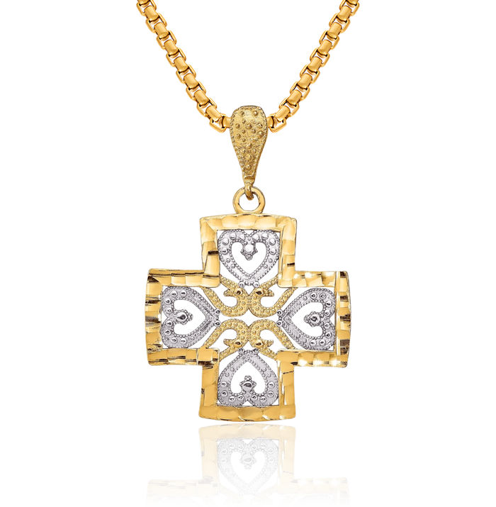 14K Solid Yellow Gold Heart Holy Cross Necklace Religious Chain Pendant Jesus Christ Charm