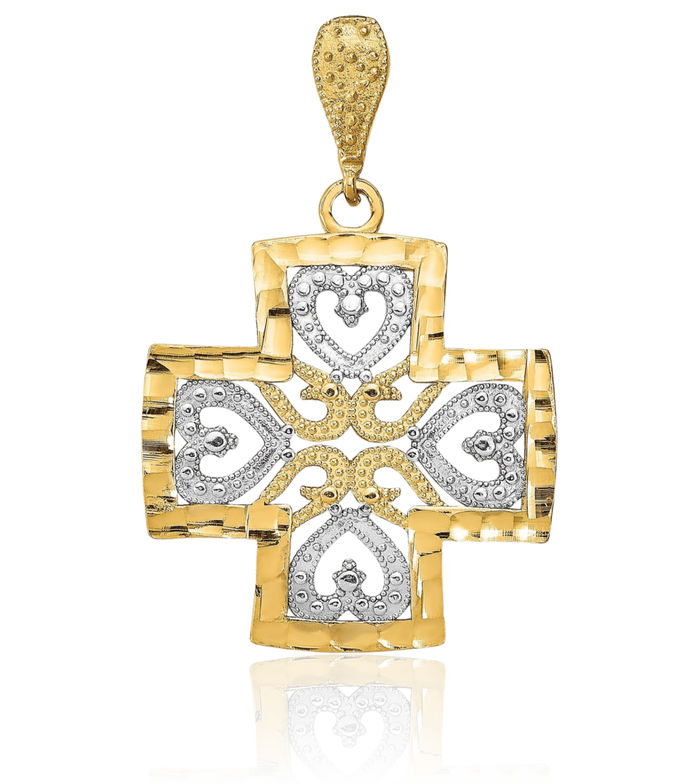 14K Solid Yellow Gold Heart Holy Cross Necklace Religious Chain Pendant Jesus Christ Charm