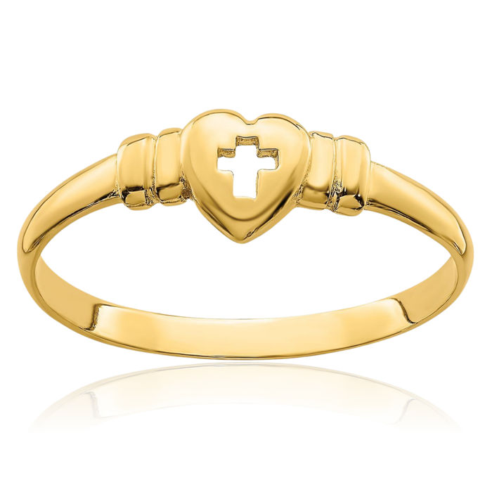 14K Solid Yellow Gold Heart Holy Cross Ring Christian Religious Band