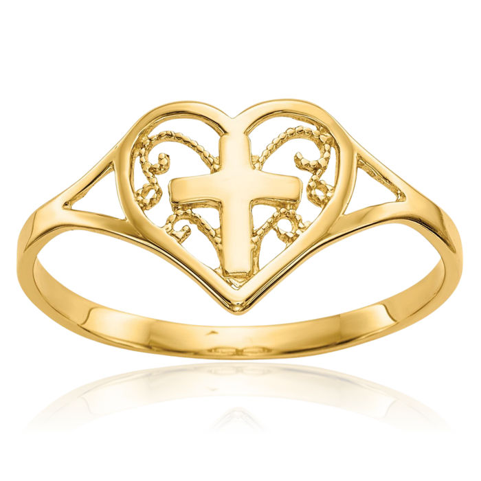 14K Solid Yellow Gold Heart Holy Cross Ring Christian Religious Band