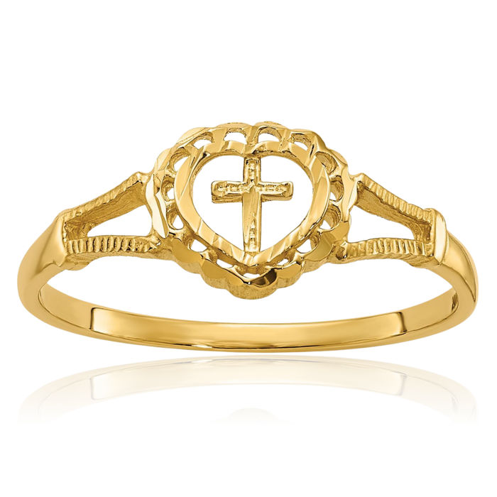 14K Solid Yellow Gold Heart Holy Cross Ring Christian Religious Band