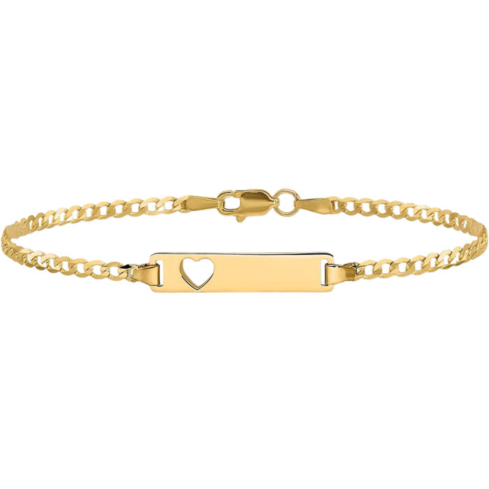 14K Solid Yellow Gold Heart Curb Link Name Bar Identification ID Bracelet