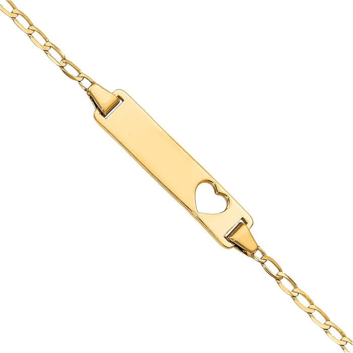 14K Solid Yellow Gold Heart Curb Link Name Bar Identification ID Bracelet