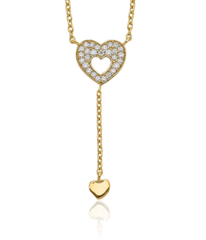 14K Solid Yellow Gold Heart Cubic Zirconia CZ Chain Necklace