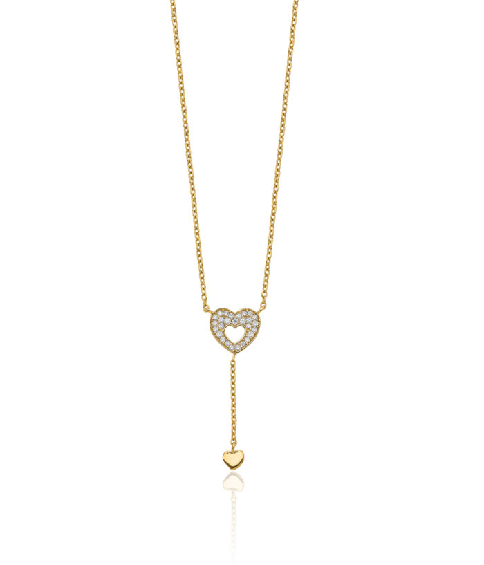 14K Solid Yellow Gold Heart Cubic Zirconia CZ Chain Necklace