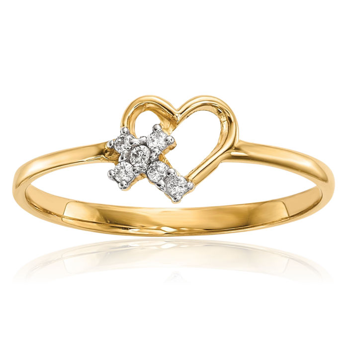 14K Solid Yellow Gold Heart Cubic Zirconia CZ Holy Cross Ring Christian Religious Band