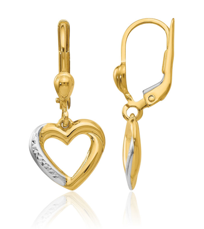 14K Solid Yellow Gold Heart Drop Dangle Earrings