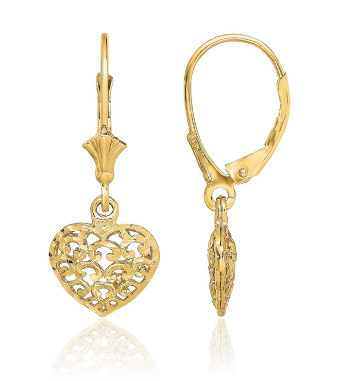 14K Solid Yellow Gold Heart Drop Dangle Earrings