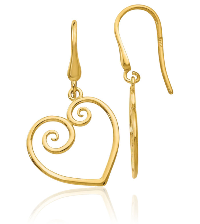 14K Solid Yellow Gold Heart Drop Dangle Earrings