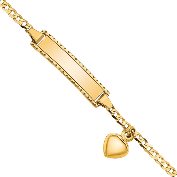 14K Solid Yellow Gold Heart Dangling Curb Link Name Bar Identification ID Bracelet