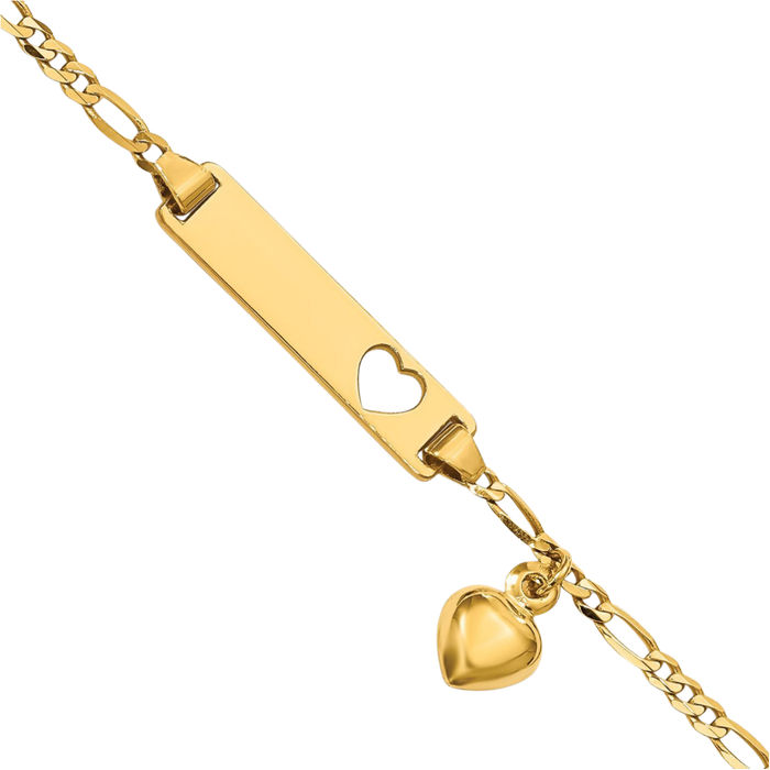 14K Solid Yellow Gold Heart Dangling Figaro Link Name Bar Identification ID Bracelet