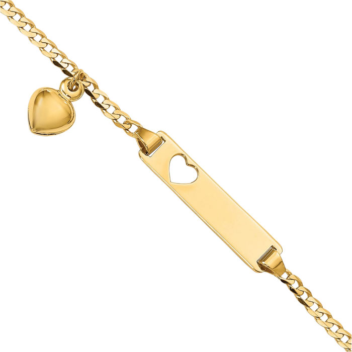 14K Solid Yellow Gold Heart Dangling Curb Link Name Bar Identification ID Bracelet