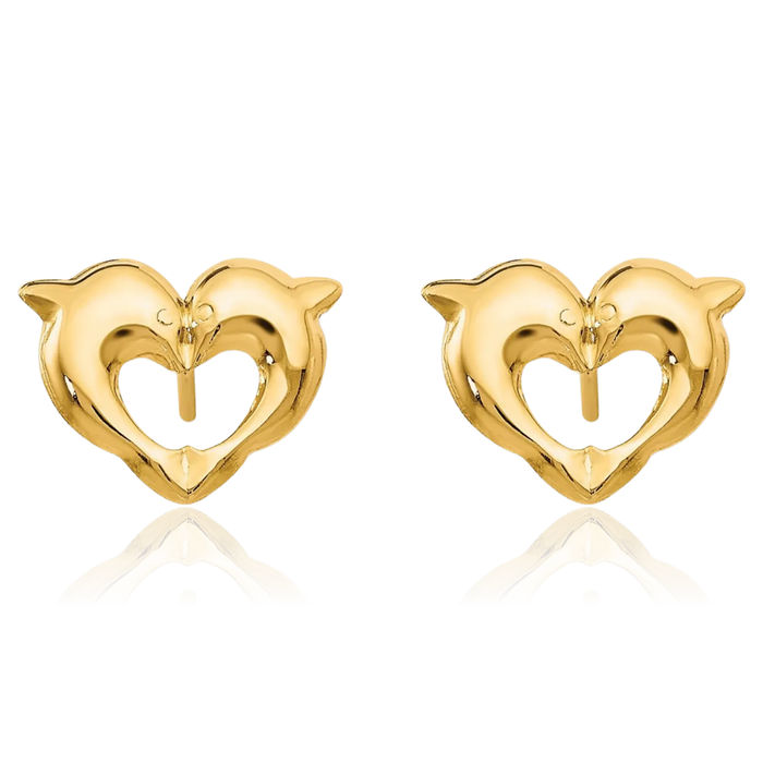 14K Solid Yellow Gold Heart Sea Dolphin Ocean Fish Beach Nautical Stud Earrings