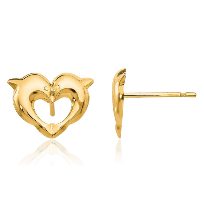 14K Solid Yellow Gold Heart Sea Dolphin Ocean Fish Beach Nautical Stud Earrings