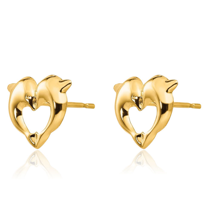 14K Solid Yellow Gold Heart Sea Dolphin Ocean Fish Beach Nautical Stud Earrings