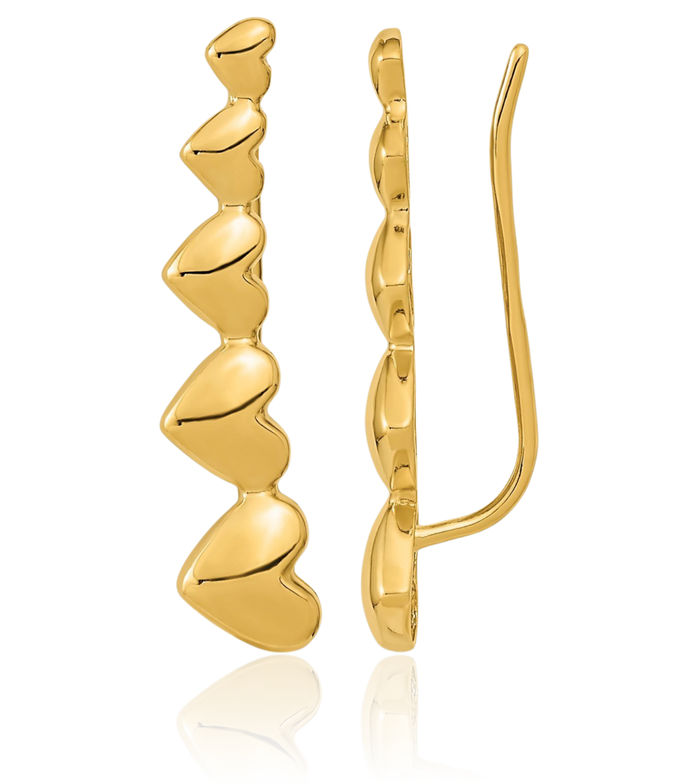 14K Solid Yellow Gold Heart Ear Climber Earrings