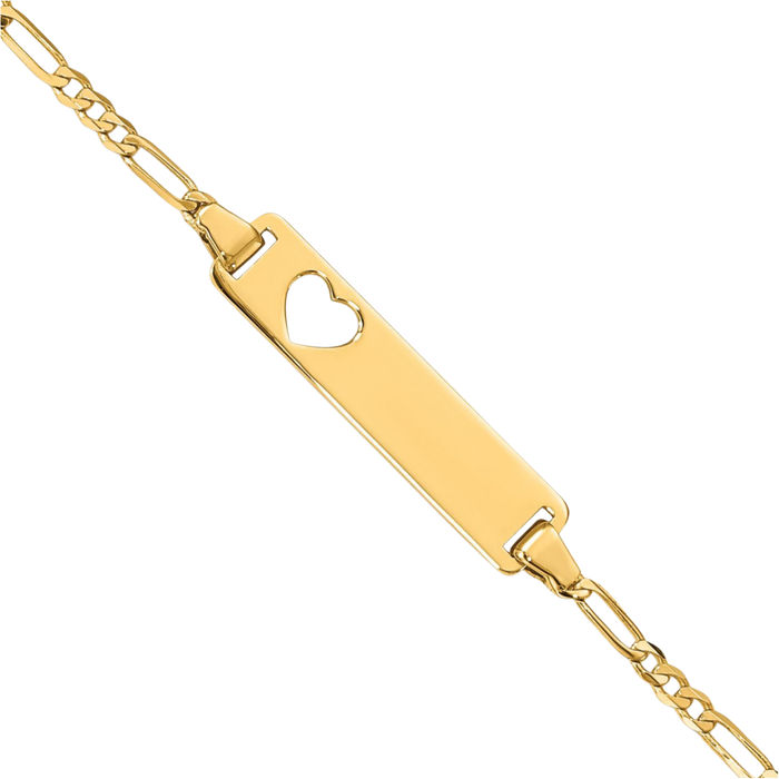 14K Solid Yellow Gold Heart Figaro Link Name Bar Identification ID Bracelet