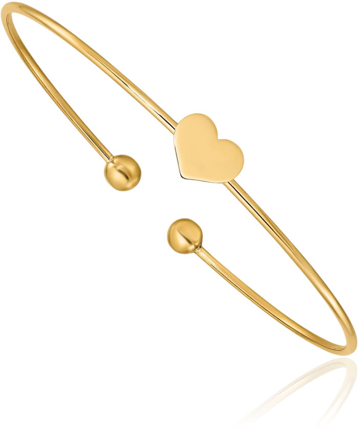 14K Solid Yellow Gold Heart Flexible Bangle Bracelet