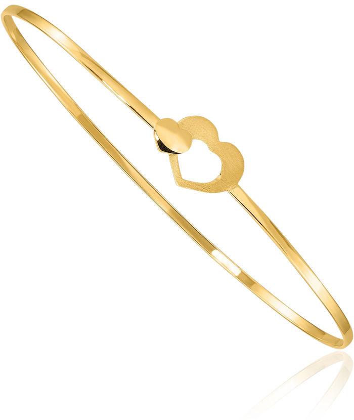 14K Solid Yellow Gold Heart Flexible Bangle Charm Bracelet