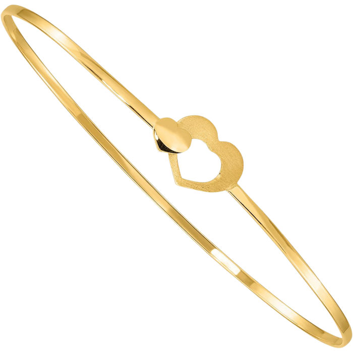 14K Solid Yellow Gold Heart Flexible Bangle Charm Bracelet