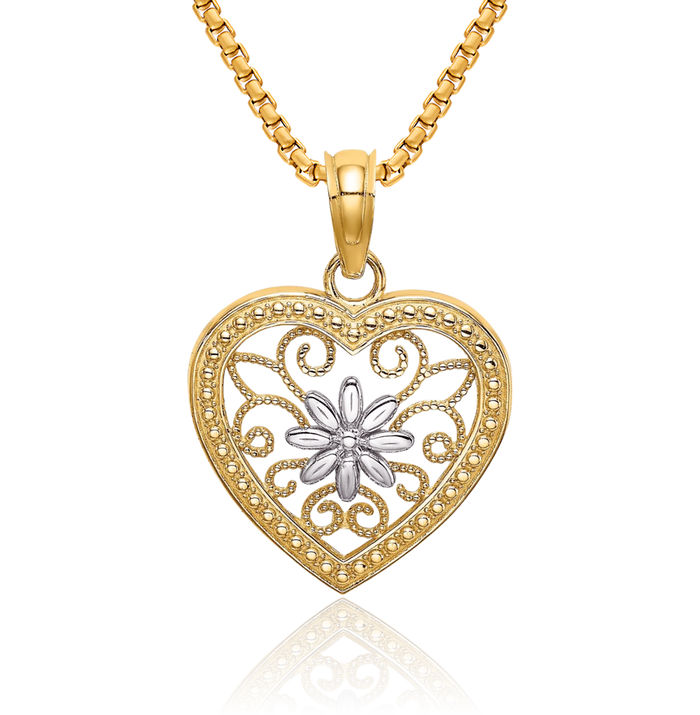 14K Solid Yellow Gold Heart Flower Antique Filigree Necklace Chain Pendant Charm