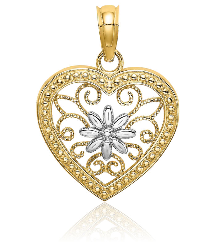 14K Solid Yellow Gold Heart Flower Antique Filigree Necklace Chain Pendant Charm