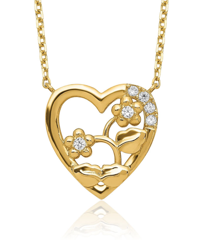 14K Solid Yellow Gold Heart Flowers Cubic Zirconia CZ Necklace Chain