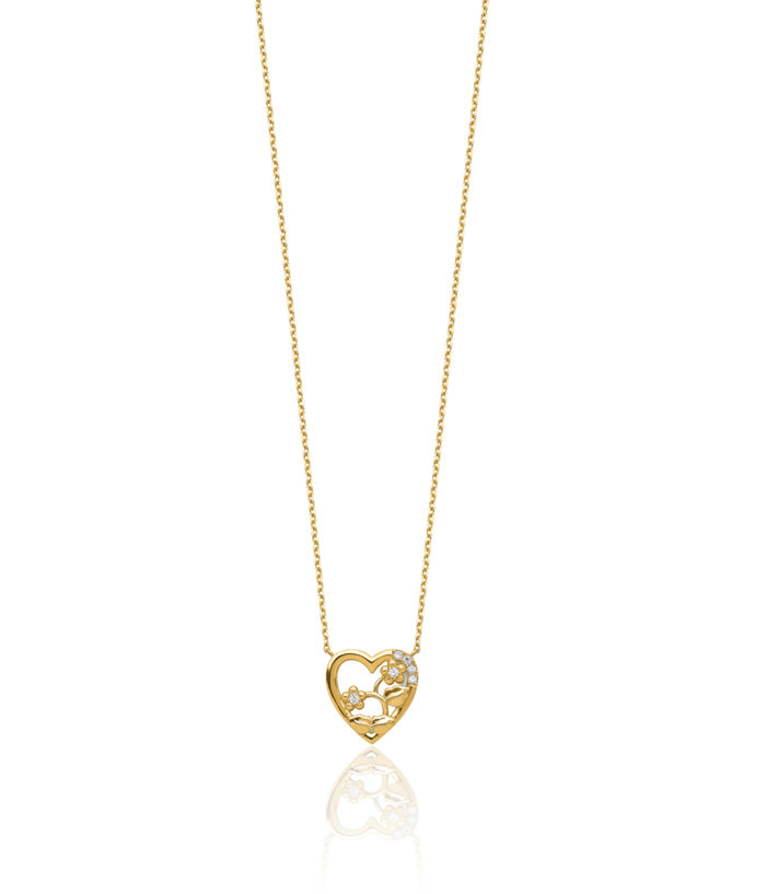 14K Solid Yellow Gold Heart Flowers Cubic Zirconia CZ Necklace Chain