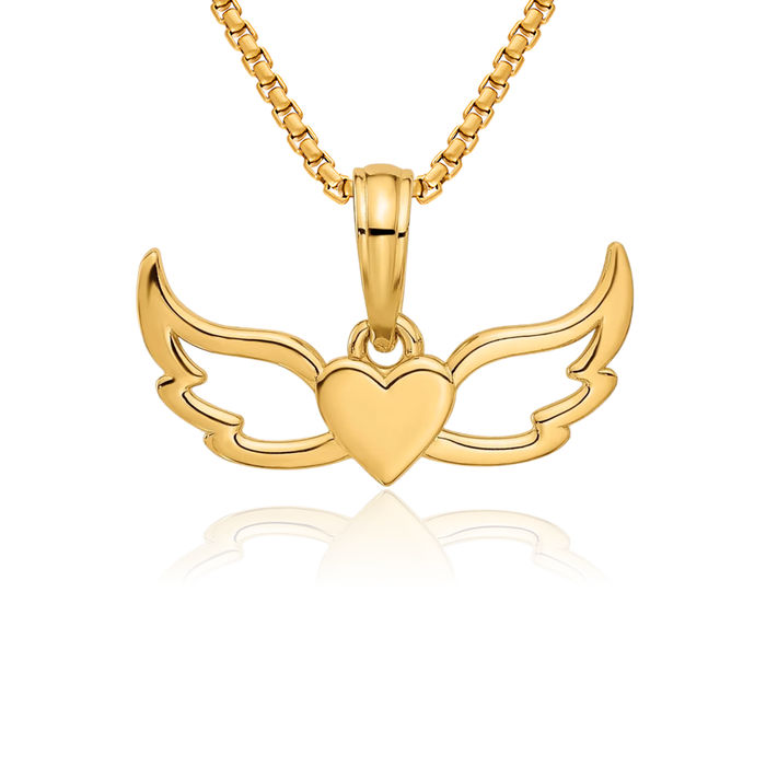 14K Solid Yellow Gold Heart Guardian Angel Wings Necklace Protect Us Cherub Pendant Religious Charm