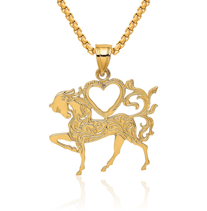 14K Solid Yellow Gold Heart Horse Head Necklace Animal Lover Pendant Equestrian Charm