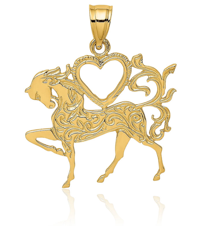 14K Solid Yellow Gold Heart Horse Head Necklace Animal Lover Pendant Equestrian Charm