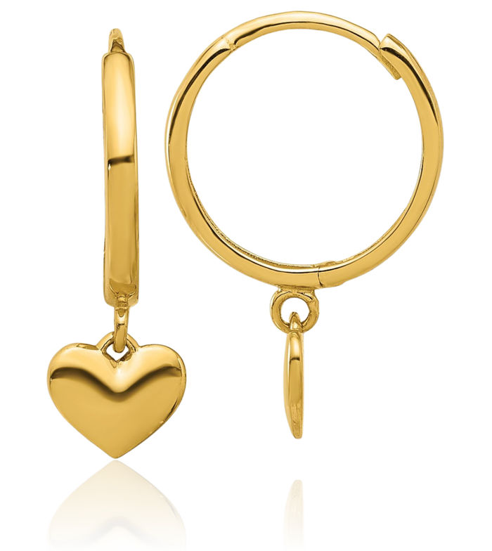 14K Solid Yellow Gold Heart Huggie Small Hoop Drop Dangle Earrings