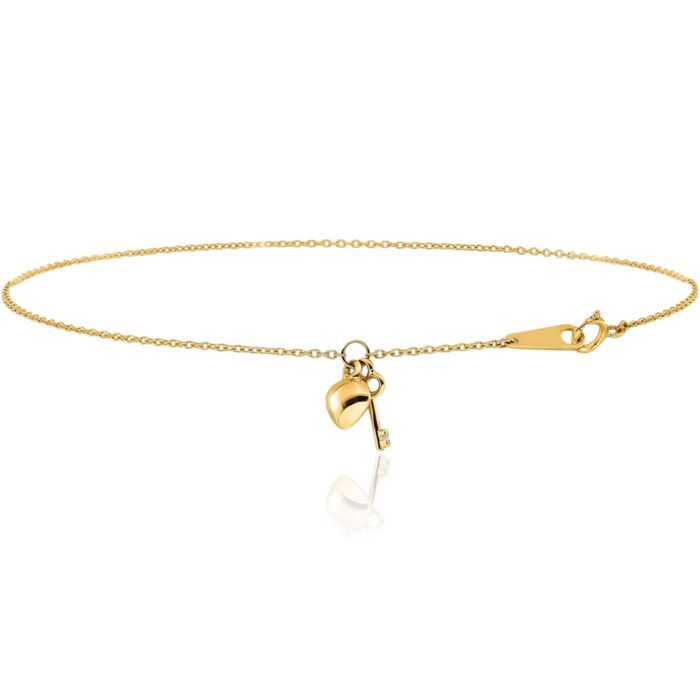 14K Solid Yellow Gold Heart Key Anklet Summer Beach Foot Ankle Bracelet