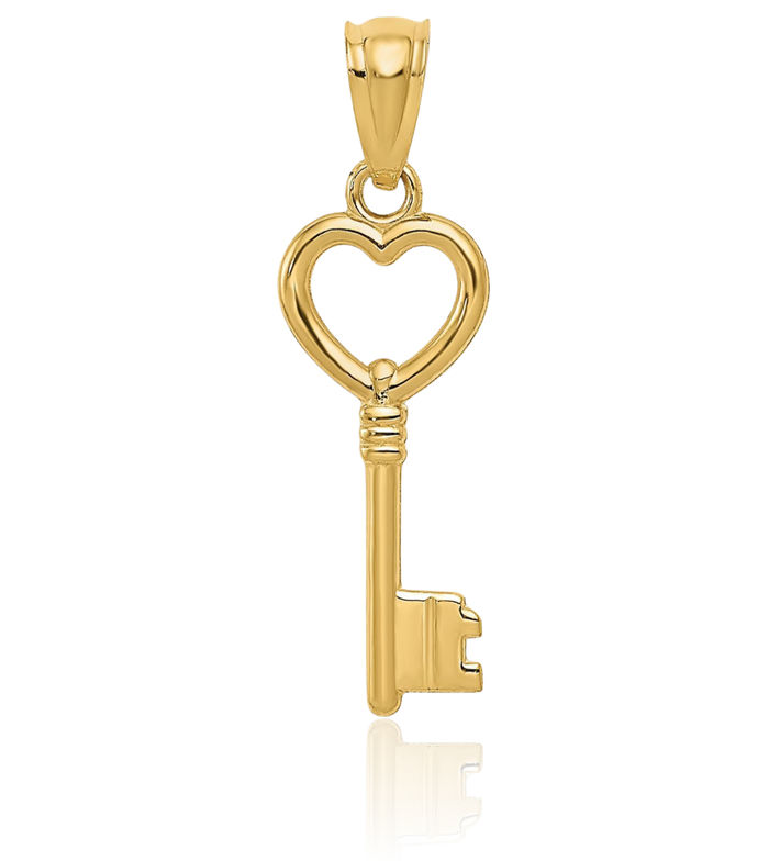 14K Solid Yellow Gold Heart Key Necklace Chain Pendant Charm