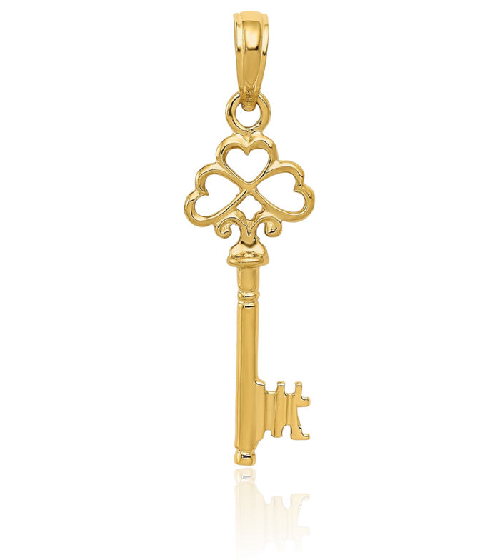 14K Solid Yellow Gold Heart Key Necklace Chain Pendant Charm