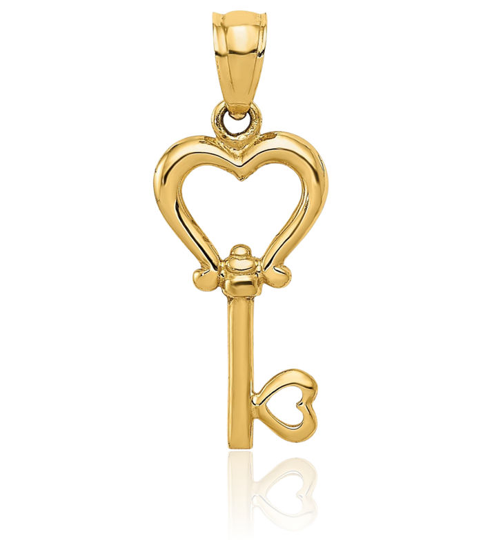 14K Solid Yellow Gold Heart Key Necklace Chain Pendant Charm