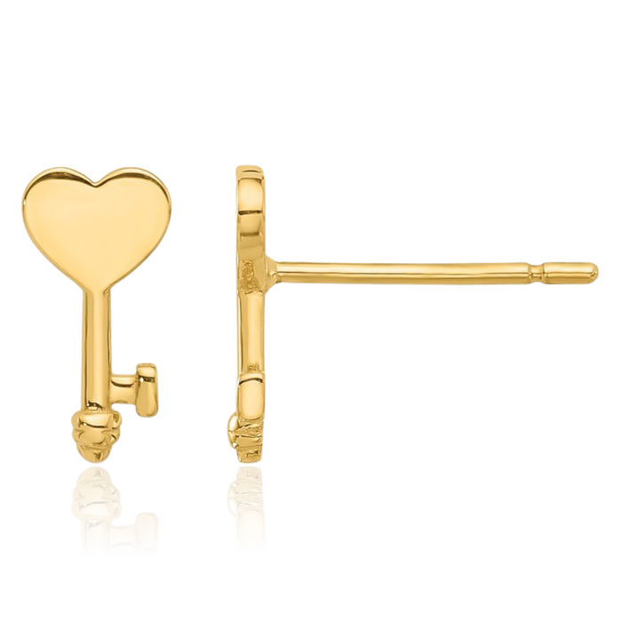 14K Solid Yellow Gold Heart Key Stud Earrings