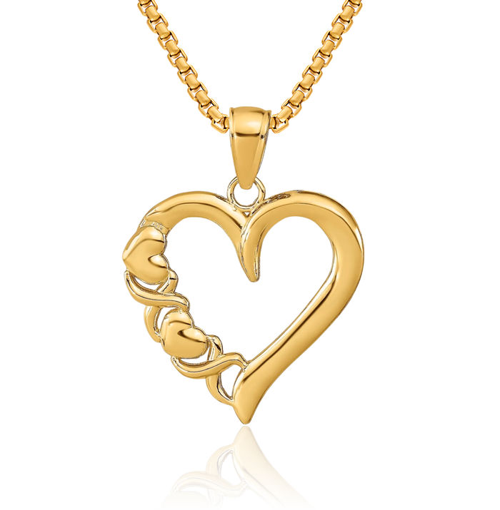 14K Solid Yellow Gold Heart Kisses Hugs Necklace Chain Pendant Charm